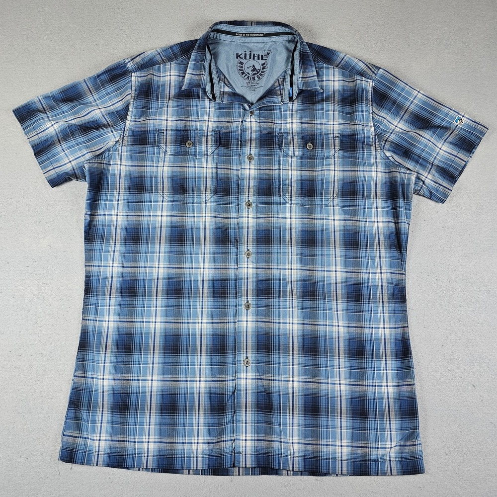 Kuhl Response Shirt Mens Medium Blue Plaid Short Sleeve Eluxur Button Up Hiking